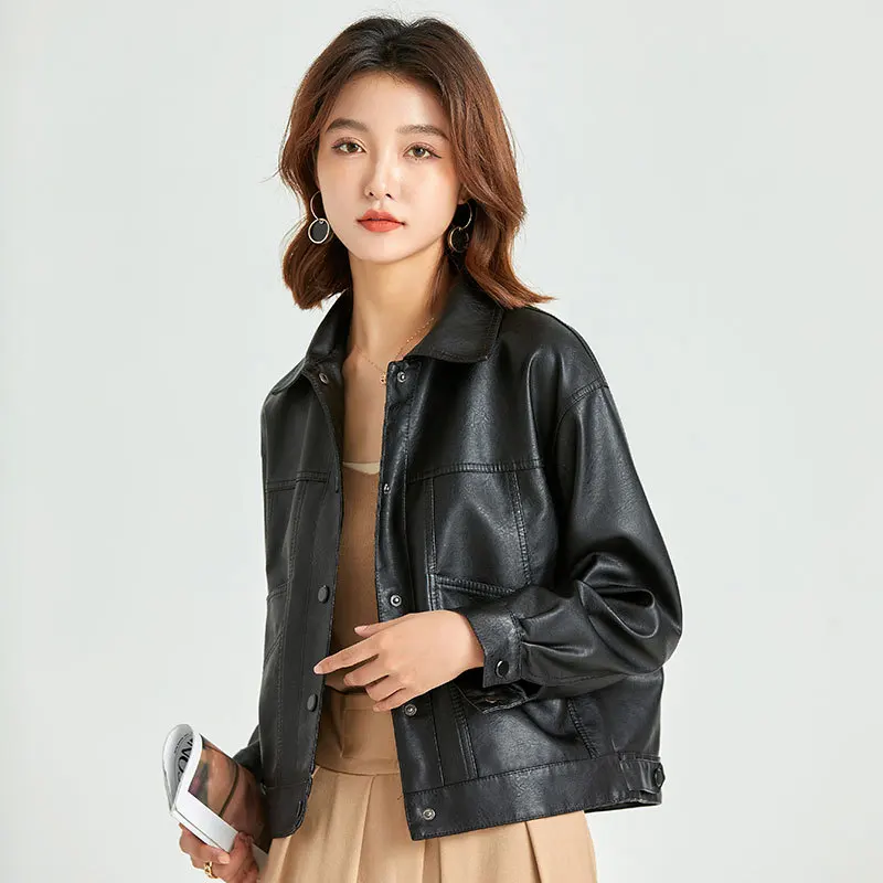 2022 winter  Autumn Women's Leather Jacket Short Thin Fashionable Motorcycle Jacket  Single Breasted Faux Leather Leather Suede