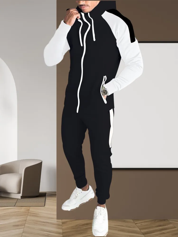 

New Men's Sports Hooded Sweatsuit Set Trendy tops Long Sleeve Trousers Autumn And Winter Contrast Color Cardigan Suit Sweatpants