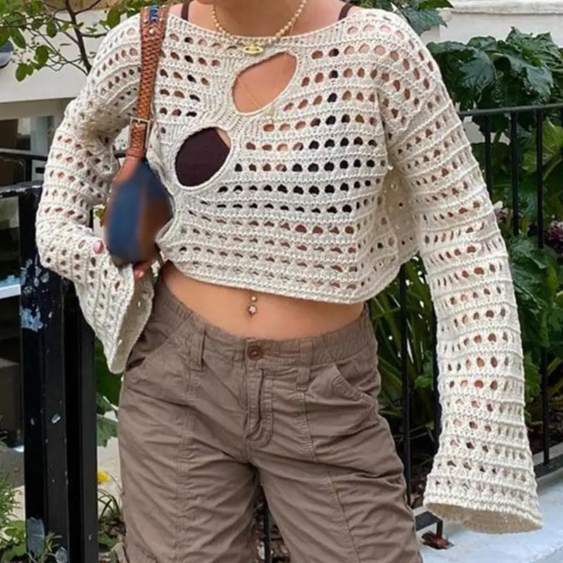 

Women Flare Long Sleeve See Through Mesh Cover Up Crop Top Crochet Knitted Ripped Hole Fishnet T-Shirt Beach Distressed Tee