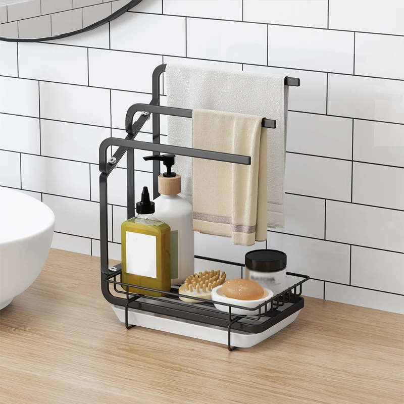

kitchen Sink Sponge Frame Countertop Storage Shelf Dishcloth Soap Holder with Drain Pan Easy to Clean (Black/White) B03E