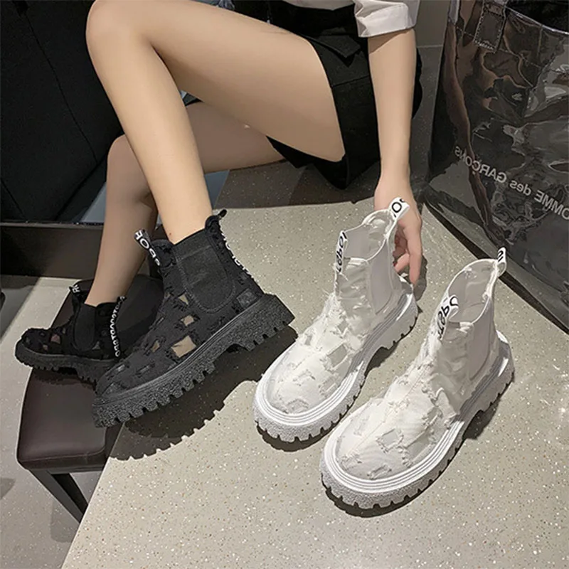 

Ripped Chelsea Boots Women 2022 Summer Canvas Slip-on Platform Boot Ladies Personalized Breathable Ankle Boots Botas de mujer