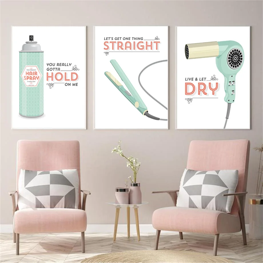 

Haircut Comb Hairdryer Curling Iron Hair Spray Wall Art Canvas Painting Nordic Posters and Prints Wall Pictures Salon Decor
