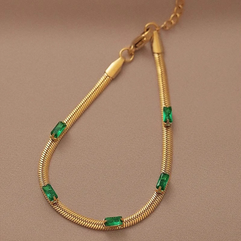 Женский браслет Foxanry с зелеными фианитами золотистого цвета