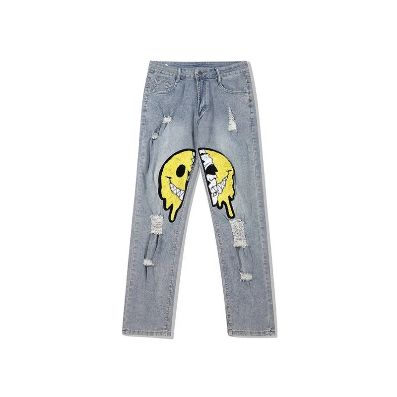 New Ropa Smiley Embroidery Hole Ripped Baggy Men Hip Hop Jeans Pants Y2k Clothes Straight Goth Denim Trousers Pantalones Hombre
