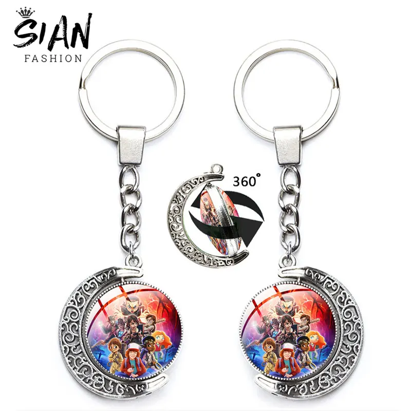 

Hot Ameican TV Series Pendant Keychain Joyce Byers Mike Wheeler Keychains Hellfire Club 360 Degrees Rotated Moon Keyring Gift