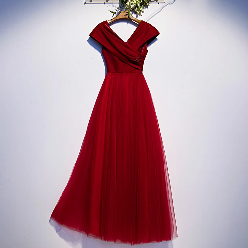 

New Evening Dress V-Neck Empire Short Sleeves Fashion Floor-Length A-Line Simple Tulle Plus size Women Formal Party Gown C1407