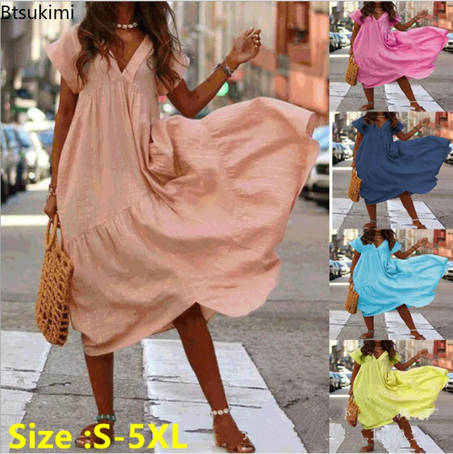 

2023 Women's Summer Bohemian Sundress Beach Dress Oversized V Neck Midi Vestidos Female Solid Ruffle Dresses Asymmetrical Robe