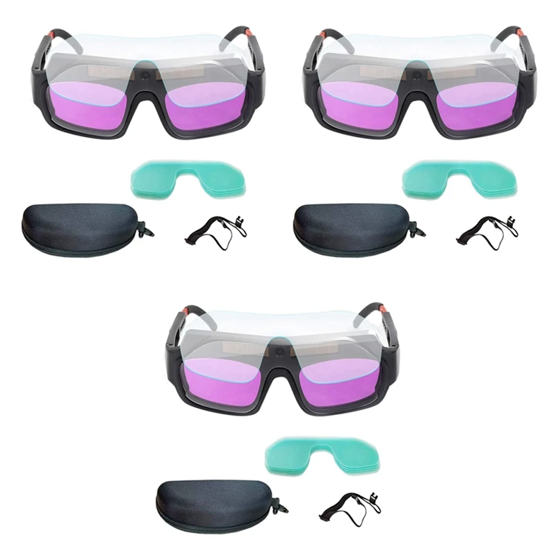 3X Solar Powered Auto Darkening Welding Mask Goggles Welder Glasses With 15 Pcs PC Protective Lenses And Storage Case