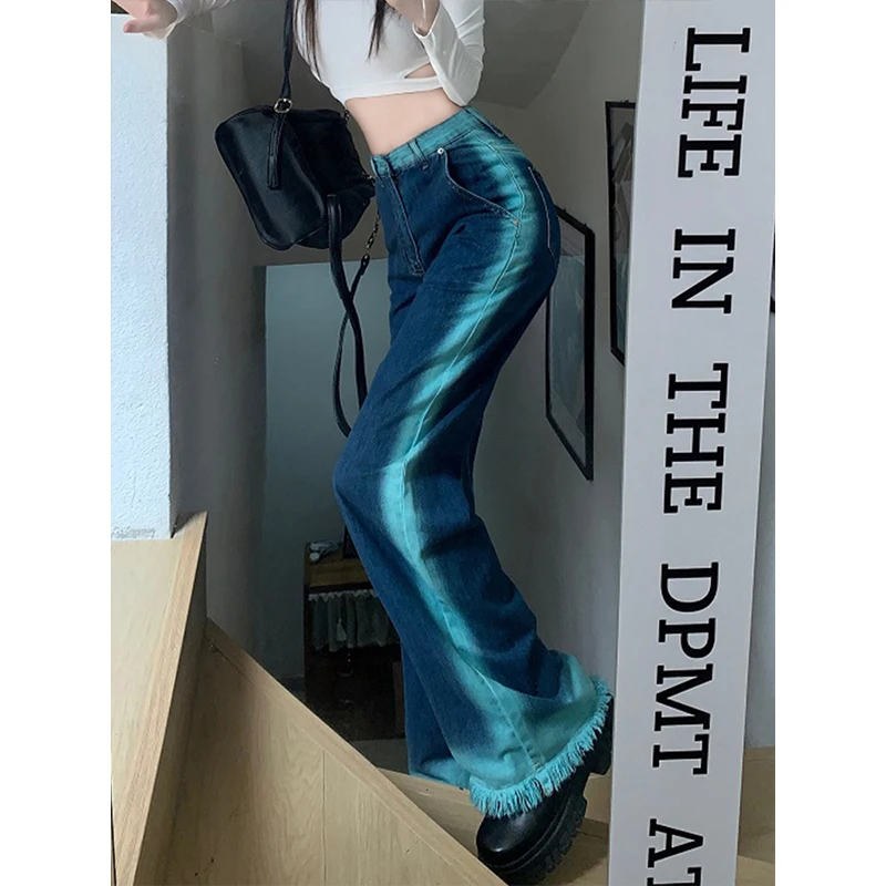 

Straight Leg Jeans Y2k Gradient Patchwork 90's Washed High Waist Boyfriend Jeans Vintage Loose Demin Pants Female Chic