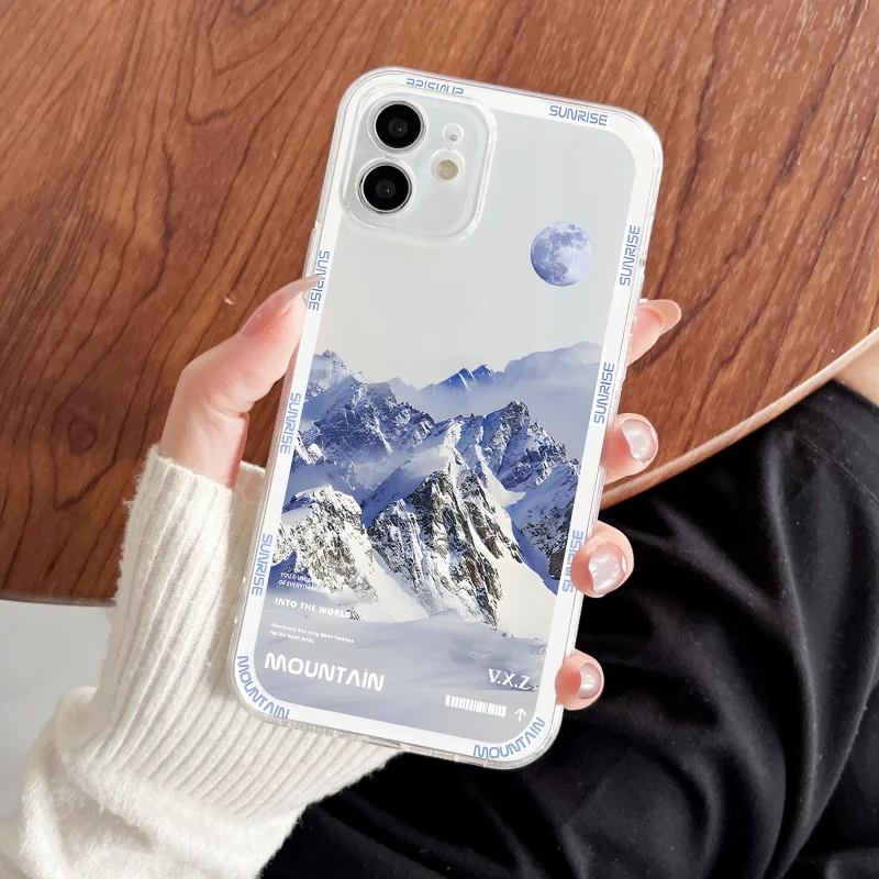 

INS Snow Mountain Sunset Phone Case For iPhone 14 13 13 11 Pro MAX 12 13 Mini 6 7 8 Plus X XR XS MAX SE 2020 Soft Silicone Cover