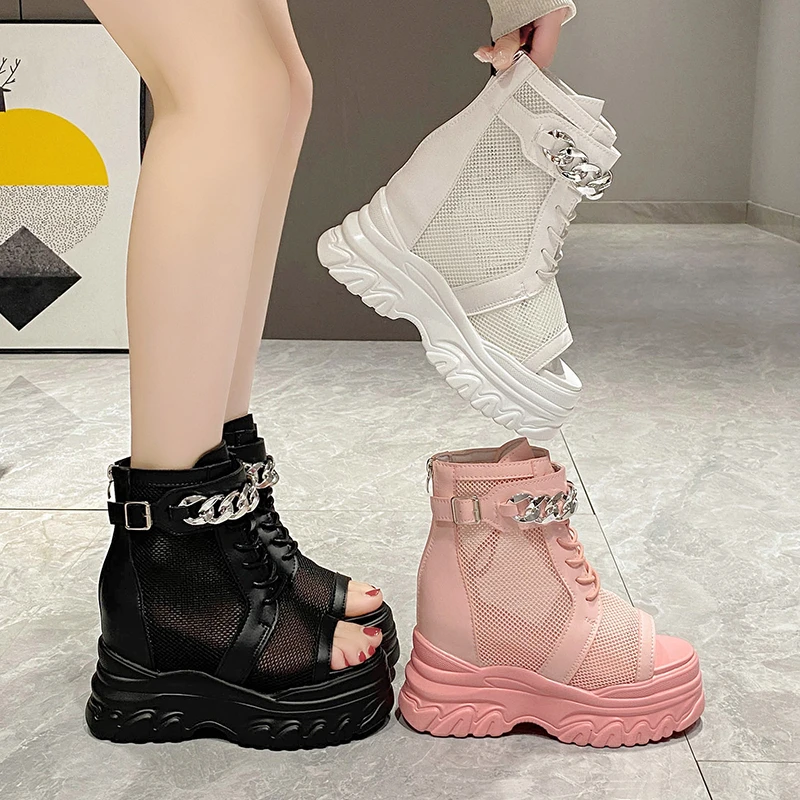 Platform Sandals Women 2023 Summer Breathable Mesh Sneakers Wedges 10CM High Heels Hollow out Chunky Chain Shoes Sandalias Mujer