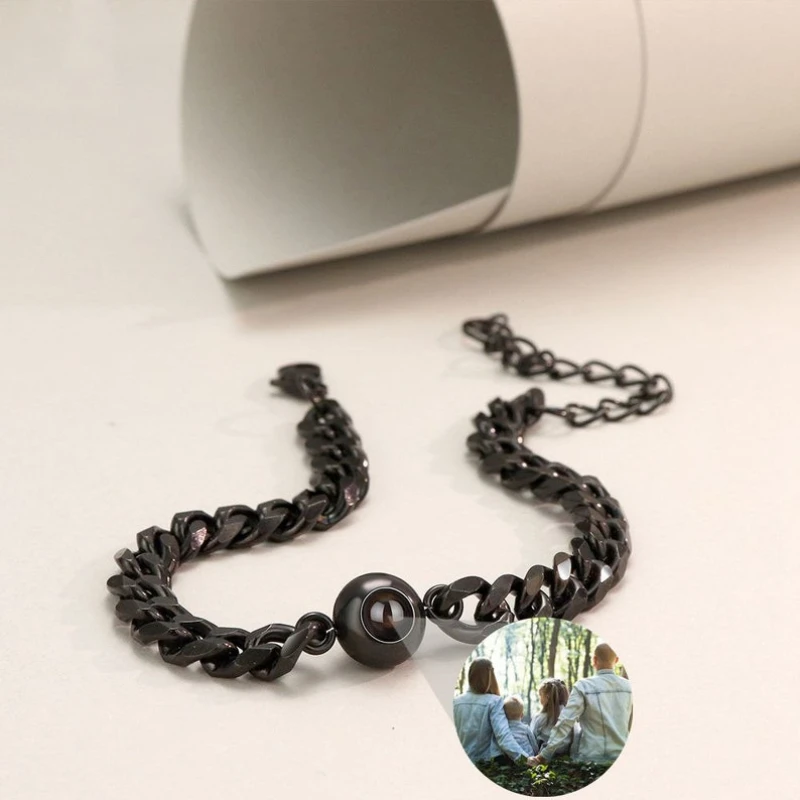 Custom Circle Pendant Projection Photo Bracelet With Couple Jewelry Memorial Gift For Him Personalized Cuban Chain Bracelet Men