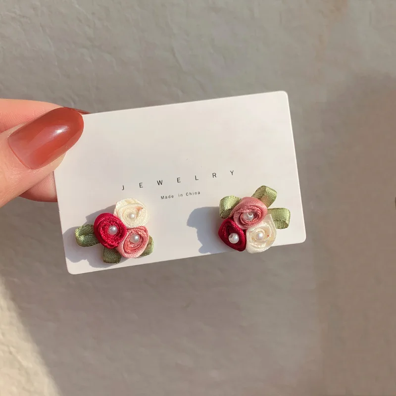 

S925 Silver Ear Studs New Small Fresh Color Flowers Earrings Sweet Girly Pearl Earrings Temperament Accessories Women's Jewelry
