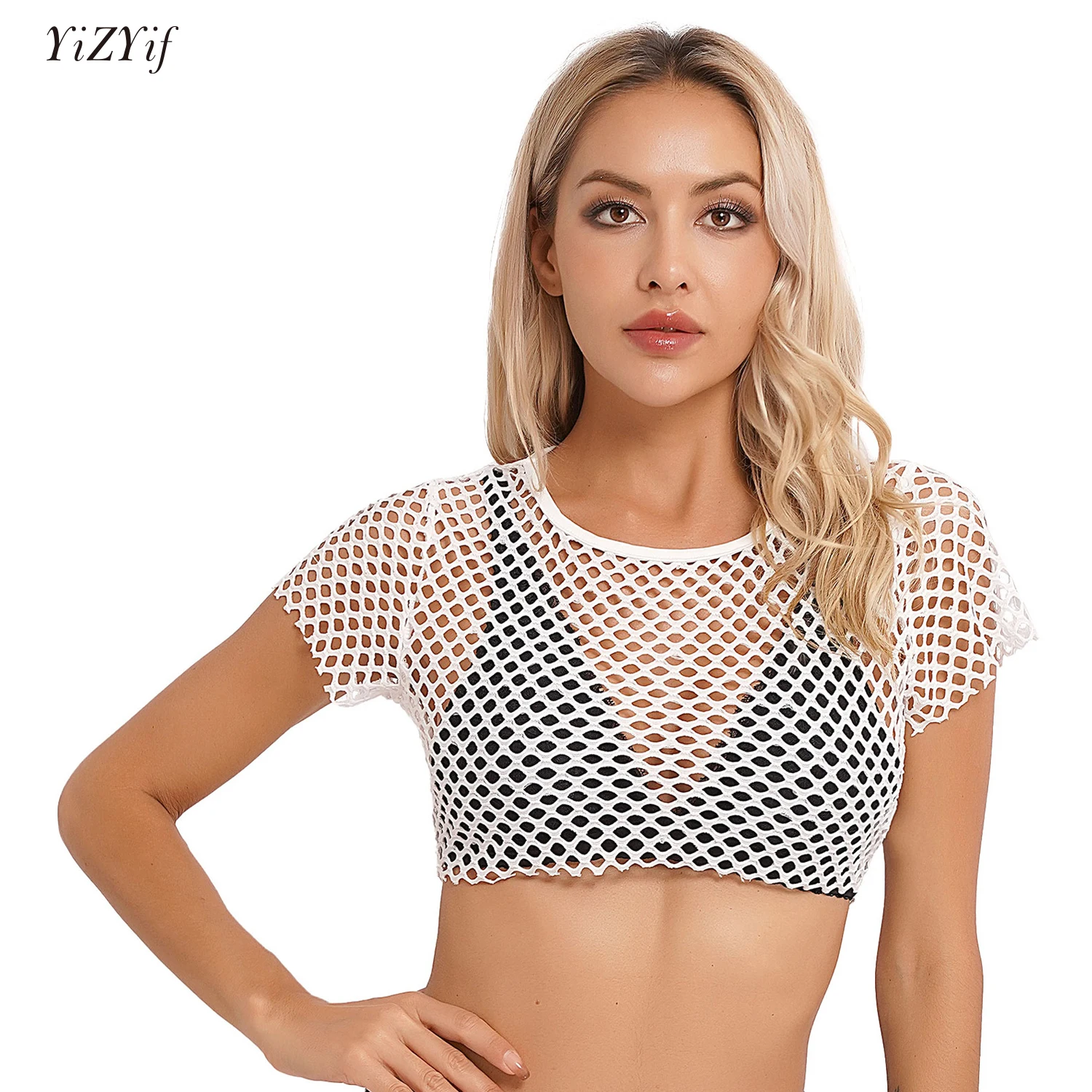 

Womens Hollow Out Sheer Fishnet Crop Top Short Sleeve T-Shirt Solid See-Through Cover Ups for Music Vacation Beach Pool Party