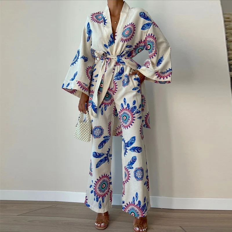 

Vintage Pattern Print Loose Outfits Elegant V Neck Tie-up Cardigan & Wide Leg Pants Set Women Casual Long Sleeve Two Piece Suits
