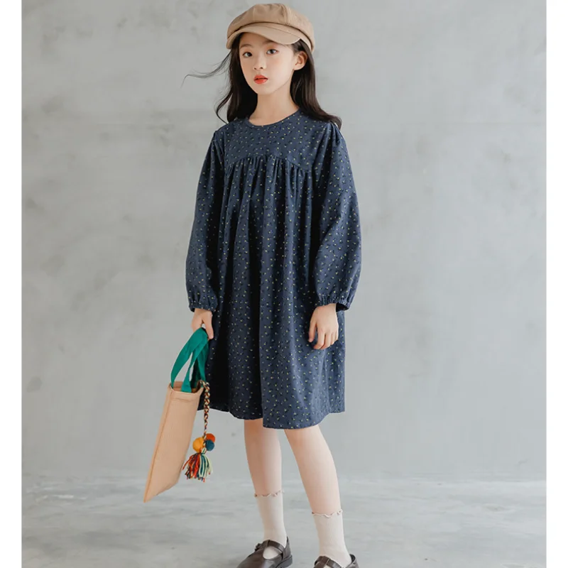 

Retro Girls Floral Dress 2022 New Teen Dresses for Kids Cotton Buttons Children Long Sleeve Clothes Baby Autumn Clothing A331