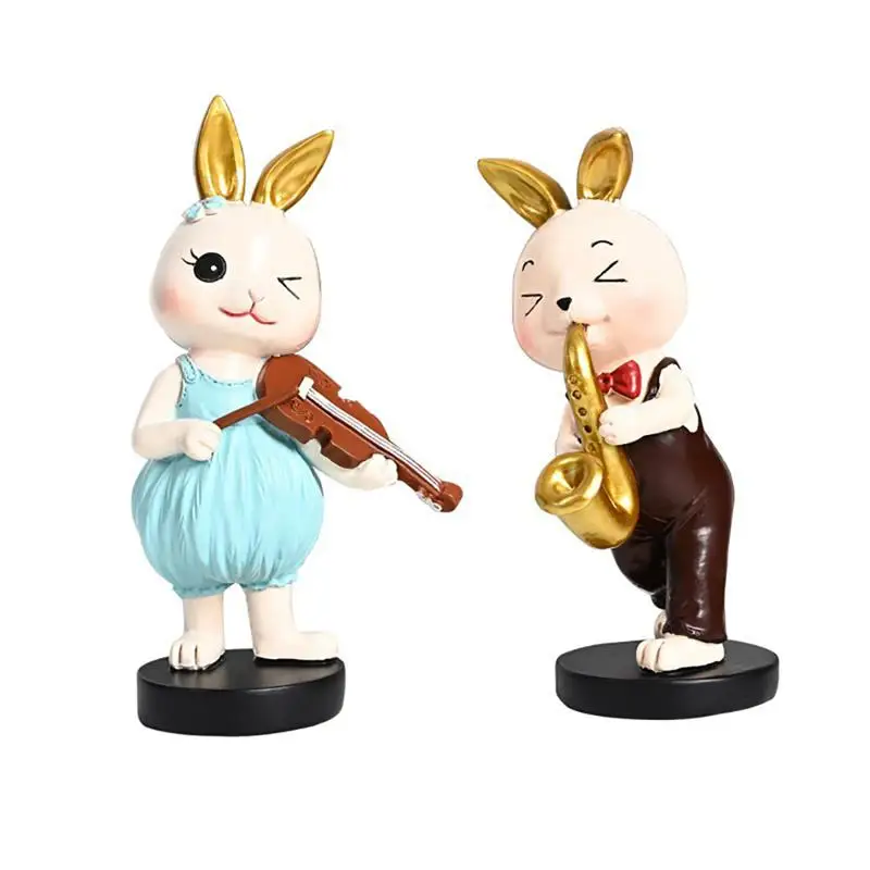 

2Pcs Easter Bunny Resin Ornaments Playing Music Rabbit Sculpture Statue Figurines Cute Creative Decorations TV Cabinet Pendulum