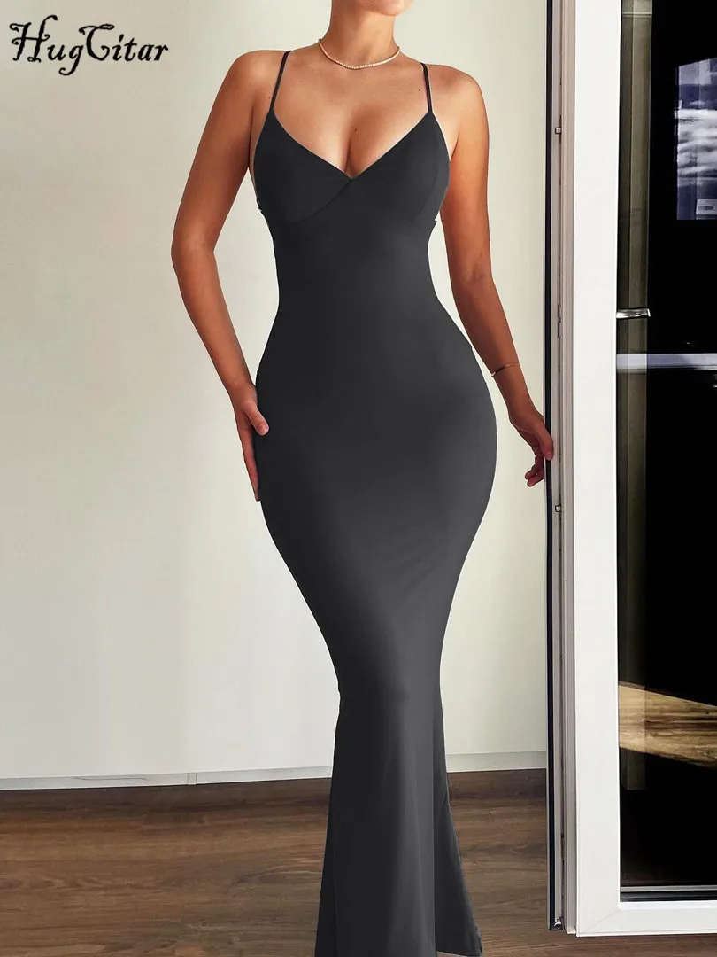 Однотонное летнее платье Hugcitar 2024 с открытой спиной облегающее повседневное