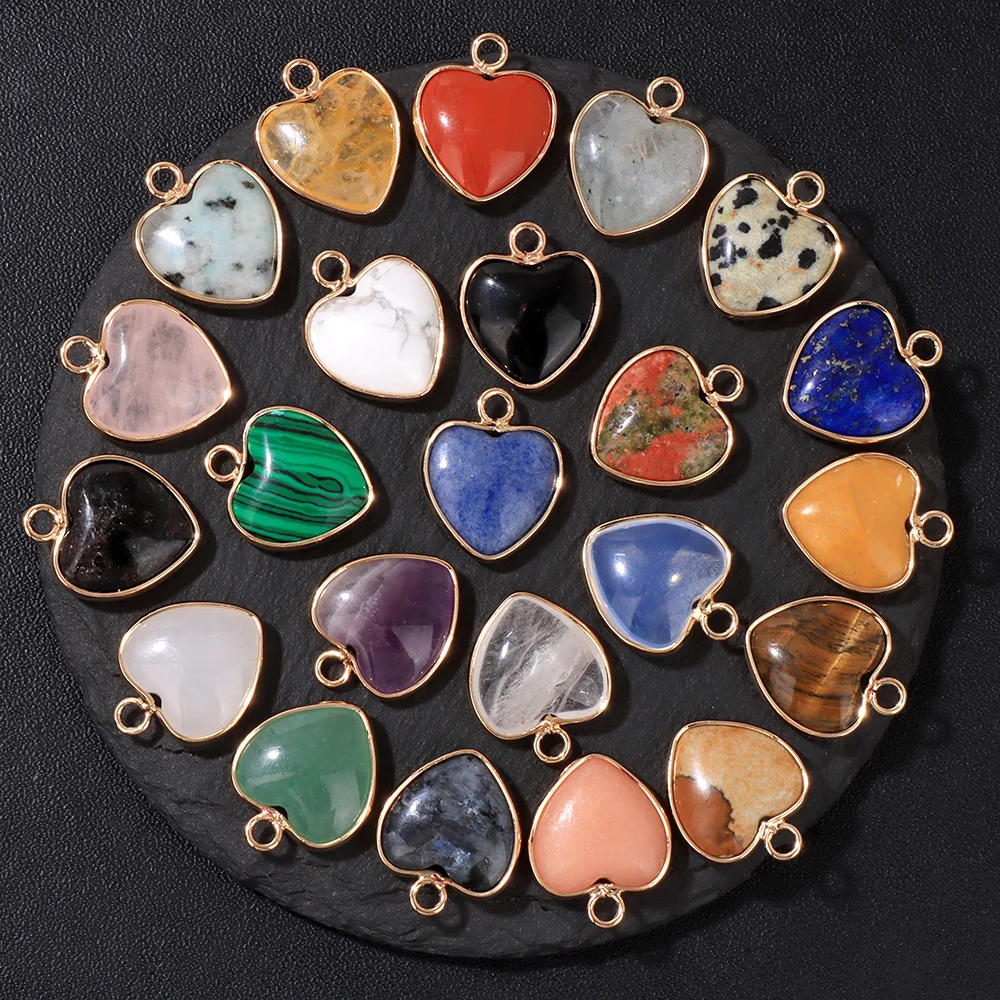 2pcs 15MM Heart Shape Natural Stone Quartz Crystal Tiger eye Amethyst Charms Pendant for DIY Jewelry Making Necklace Earring