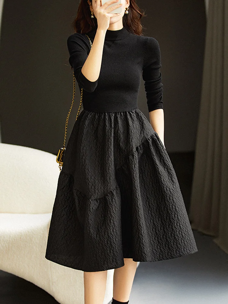 

Women Fashion Black Knitting Sweater Patchwork Dress Long Sleeve Female New Autumn Casual High Waist A-Line Party Dress 2023