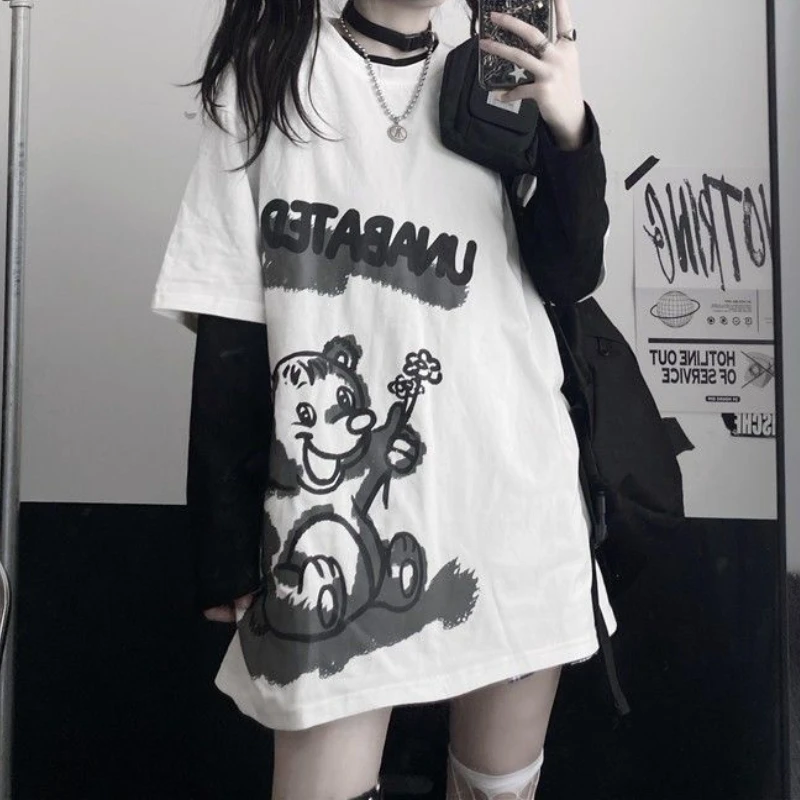 

HOUZHOU Long Sleeve T-shirts Women Autumn Gothic Vintage Bear Print Korean Fashion Oversized T Shirt Fake Two Piece Streetwear