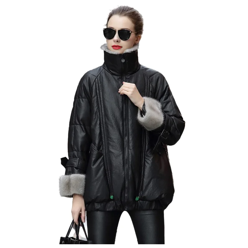 Leather Down Jacket Women's Winter Genuine Leather Coat Stand Collar Retro Embossed Sheepskin Mink Fur Leisure Loose Down Coat