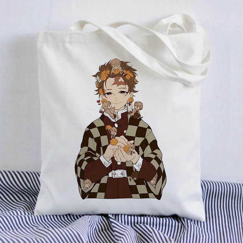 

Shoulder Tote Bag Shopper Bags Eco White Hand Bags Women Demon Slayer Casual kawaii harajuku vintage Cartoon Painting Handbags