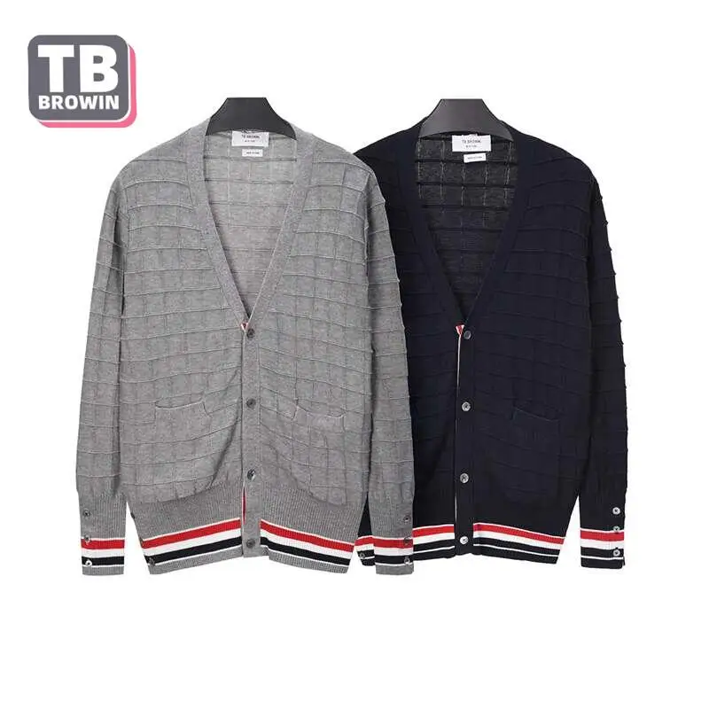 

TB BROWIN thom men's cardigan sweater V neck autumn and winter new four-bar wool stripes Korean casual knitted bottoming coat