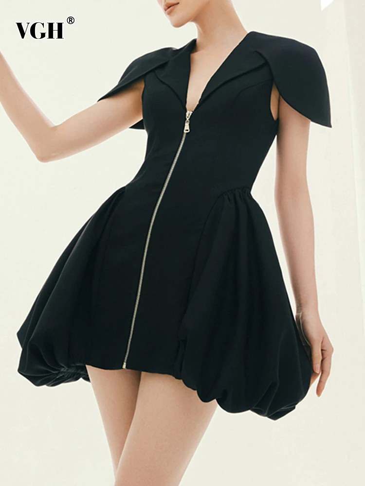 

VGH Summer Fashion White Mini Dress For Women V Neck Short Sleeve Patchwork Zippers Ball Gown Dresses Female 2022 Clothing Style