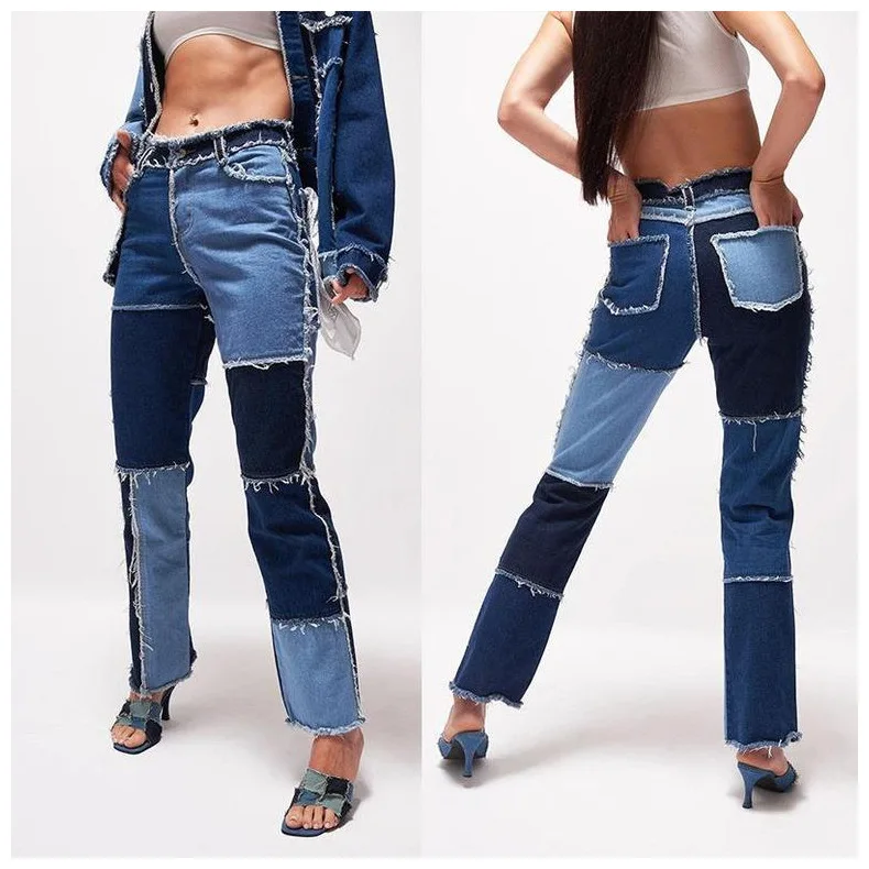 

2022 Autumn High Elastic Stitching Women's Straight Jeans Pants