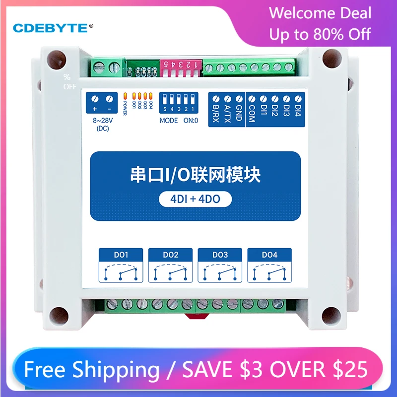 

Modbus RTU Control I/O Network Modules Serial Port RS485 Interface 4DI+4DO CDEBYTE MA01-AXCX4040 Rail Installation 8~28VDC IoT