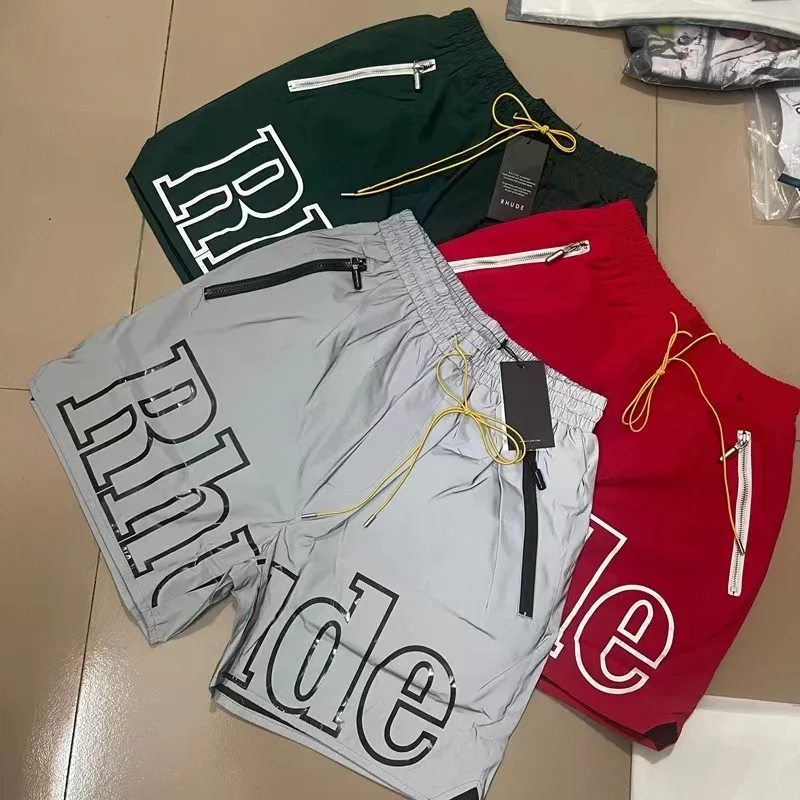 

Y2k Real Photo Rhude Shorts Letter Logo Print Reflective Short Pants High Quality All-match Men Women Casual Short Trousers Cl