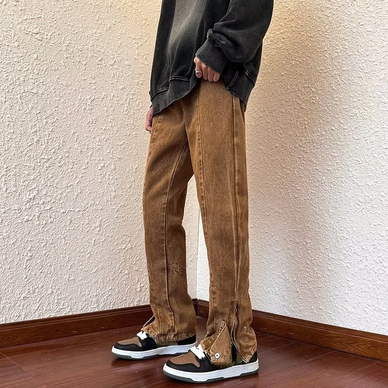 2023 Korean Fashion Ankle Zipper Vintage Brown Men Jeans Pants Luxury Straight Hip Hop Casual Denim Trousers Pantalones Hombre