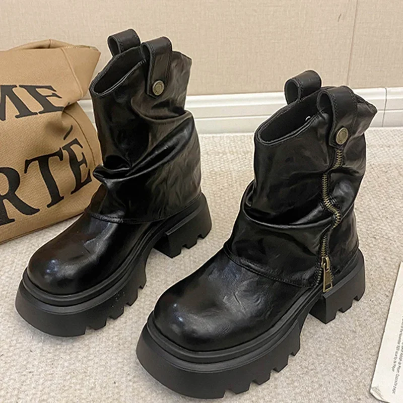 Зимние женские ботильоны на платформе модная обувь среднем массивном каблуке 2025