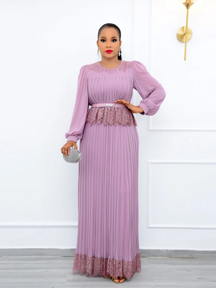 

Elegant Pleated Long Dress for Women Lilac Long Sleeves Patchwork Lace Robe with Sash Casual Modest Party Work Vestido Big Size