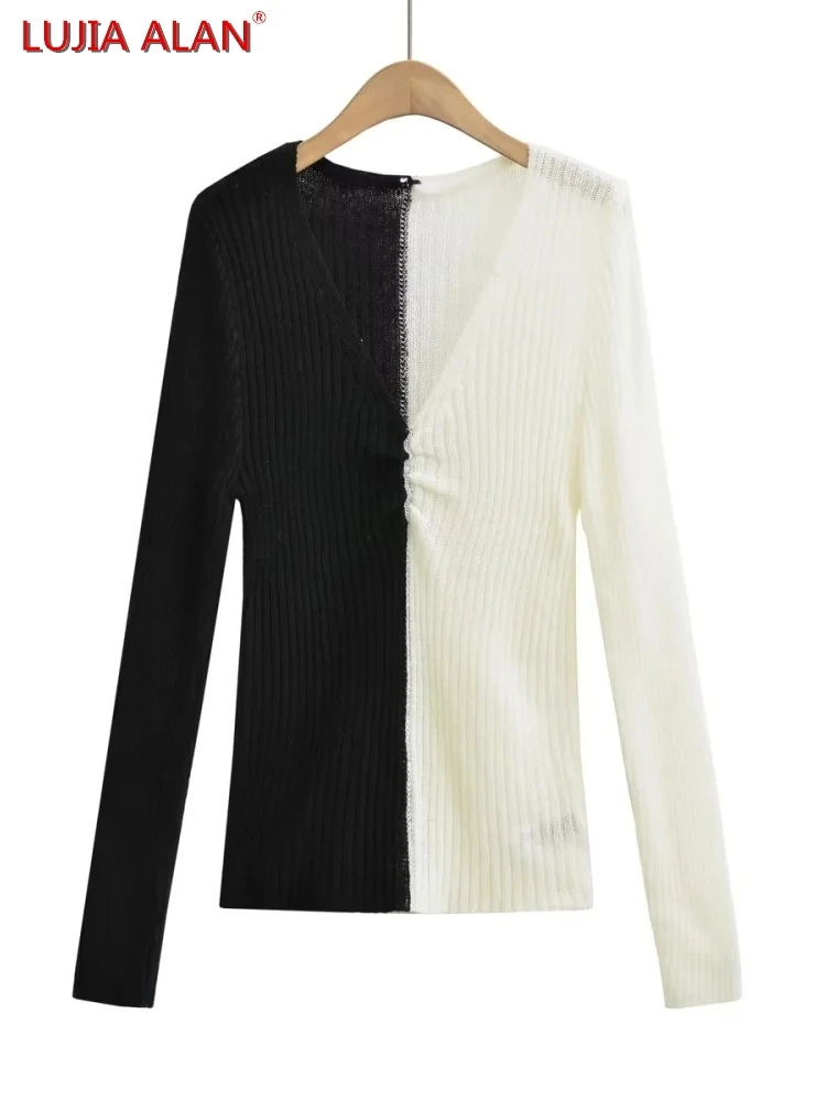 

New Women's Black White Patchwork Knitting V-Neck Long Sleeve Casual Loose Sweater LUJIA ALAN SW1813