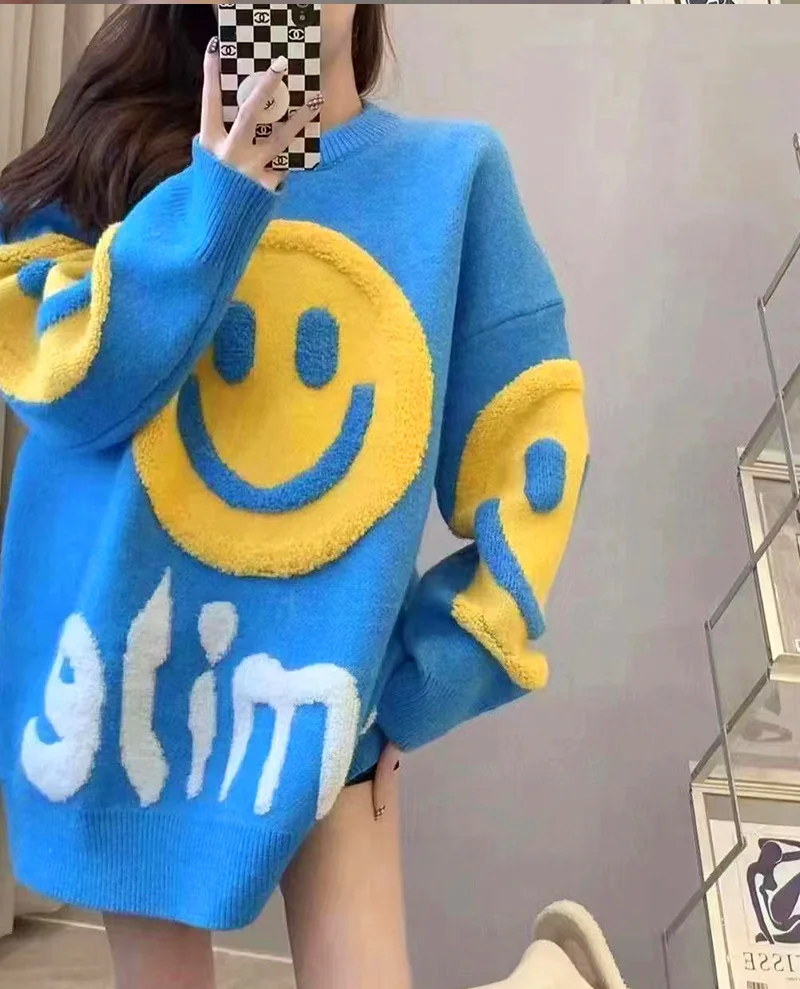 Ретро 3D свитер со смайликом для женщин свободный толстый вязаный трикотаж с