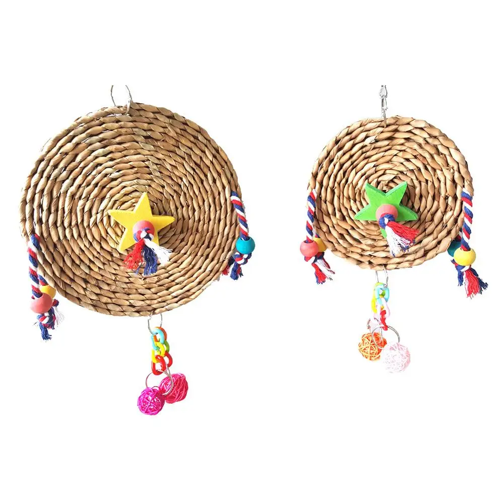

2023 Parrot Straw Weaving Hanging Chewing Toys With Wooden Block Rope Decoration Bird Cage Accessories (random Color)