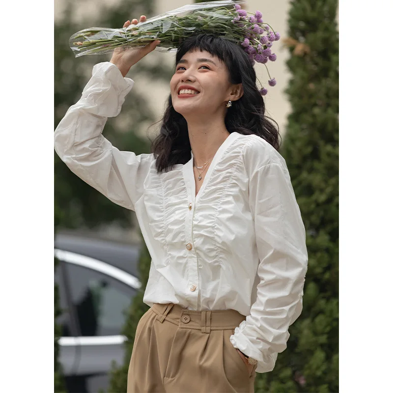 

Female Blouses Free Shipping Pleated V-neck Shirt Women's 2022 New Korean Temperament Design Top Women Blouses Elegant In Cotton