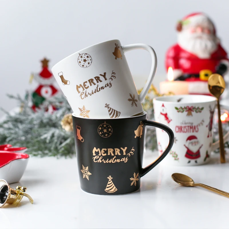 

500ml Merry Christmas Gift Cute Ceramic Cup with Handle Santa Claus Printed Home Kitchen Porcelain Coffee Cup American Gift Box.