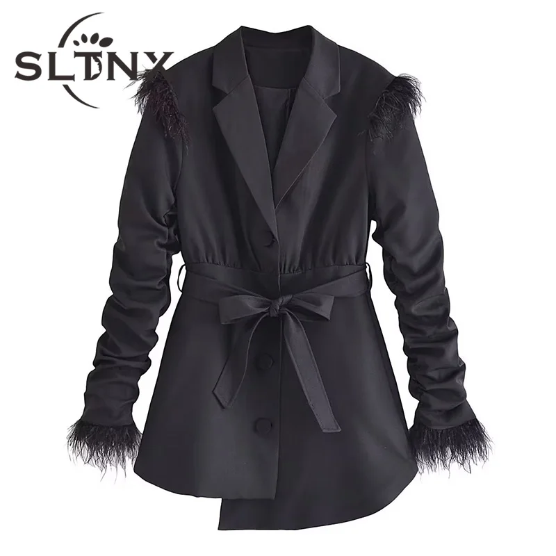 

Женский пиджак с поясом и перьями SLTNX, винтажное Плиссированное пальто с отложным воротником и длинным рукавом, женская верхняя одежда, Стил...