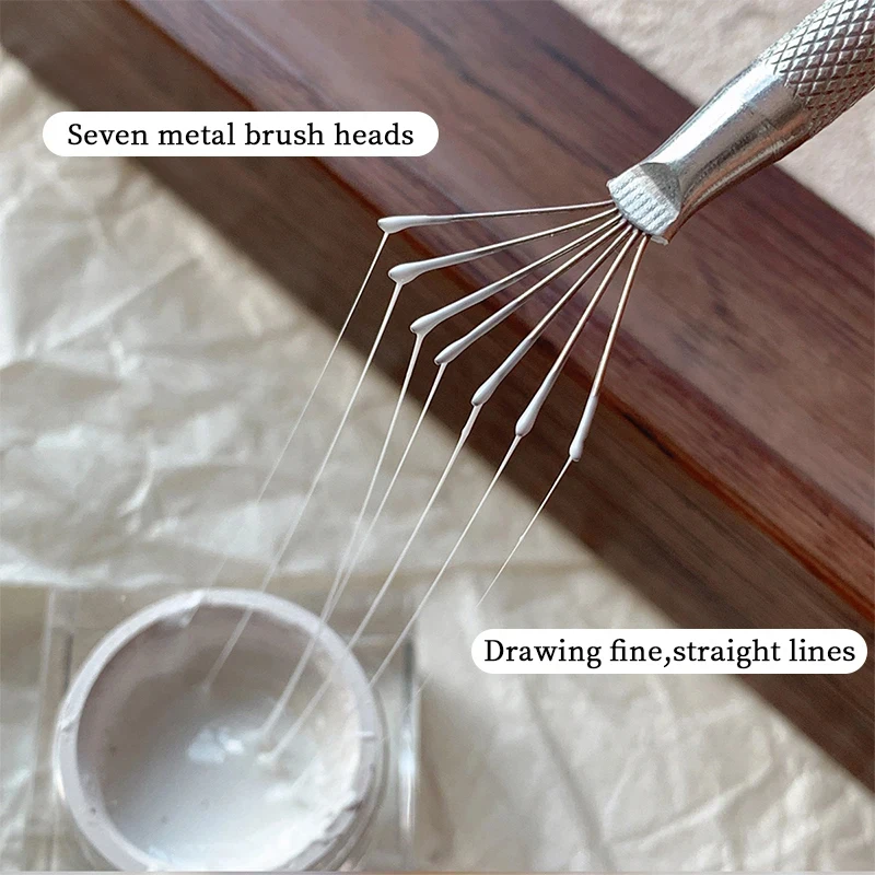 7 Pin Stripe Steel Nail Brush Liner Ultra-thin Line Drawing Pen Manicure Wood UV Gel Brushes 3D Tips Painting Tools