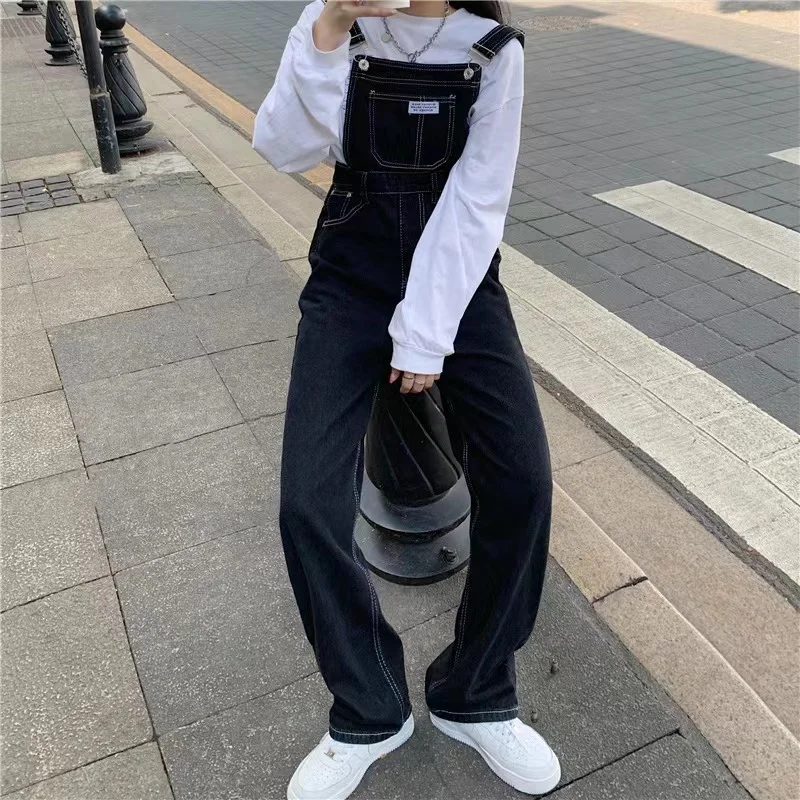 Женские джинсовые комбинезоны черные прямые с широкими штанинами уличная одежда