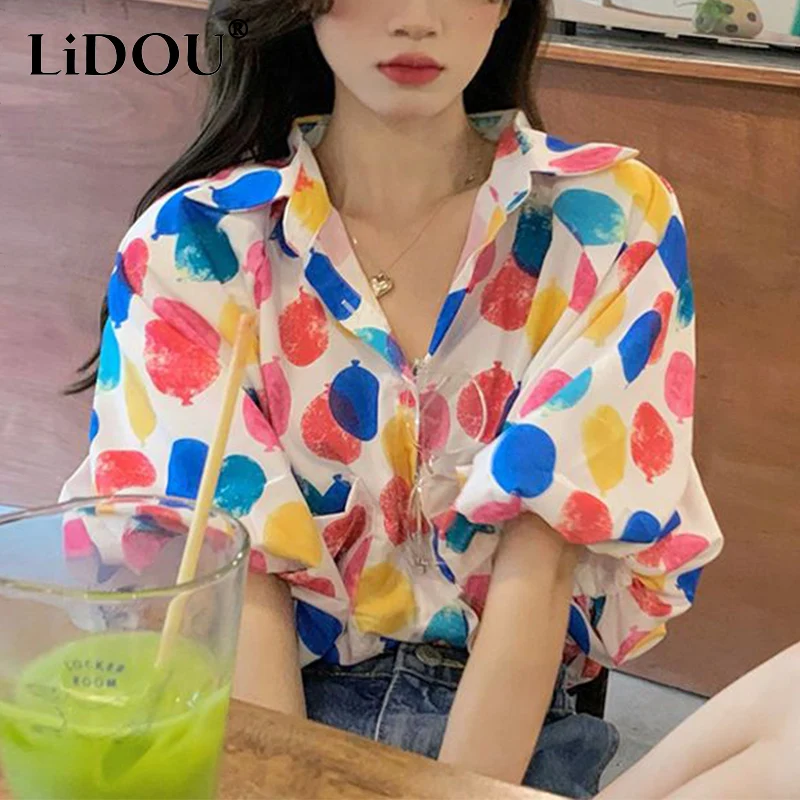 

Летняя новая милая рубашка с принтом и коротким рукавом с буфами, Женский Свободный Повседневный модный универсальный топ на пуговицах, Женский трендовый кардиган, блузка