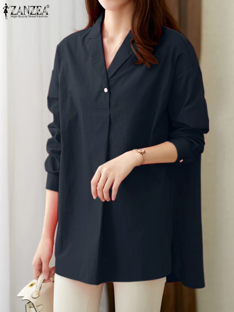 

Женская Однотонная рубашка с длинным рукавом 2022 ZANZEA, Весенняя блузка, Женские рабочие блузы, Элегантные повседневные свободные топы с v-обра...