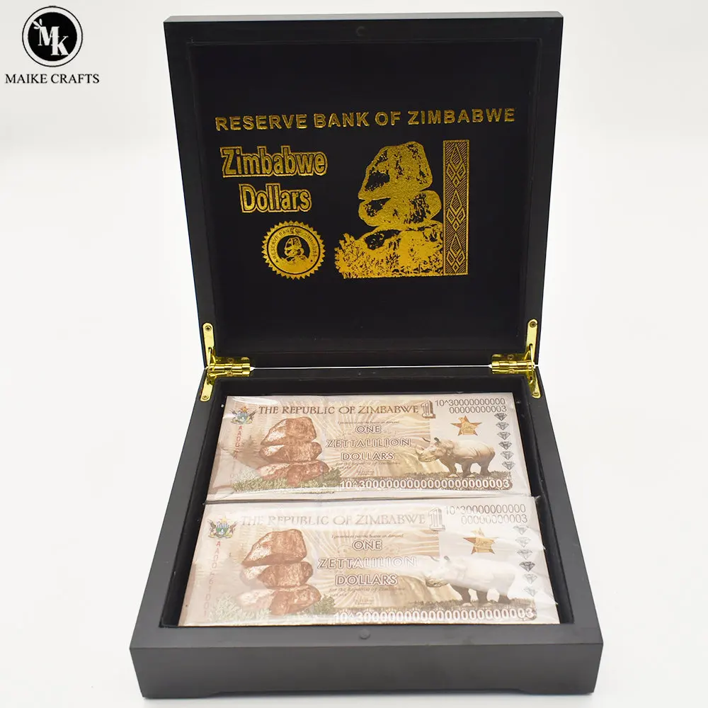

200pcs/ Box One Zettallion Dollars Zimbabwean Banknote Wooden Box Set with Anti-counterfeiting Logo and Serial Banknote Gifts