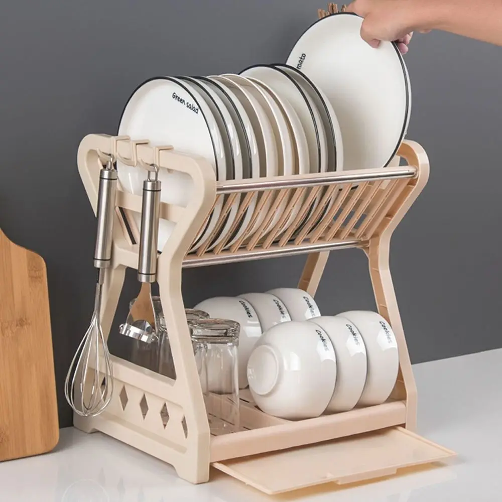 

Foldable Dish Rack Double Layer with Drainage Plate Large Dish Drying Rack Drainer for Kitchen Counter Removable Cup Holder