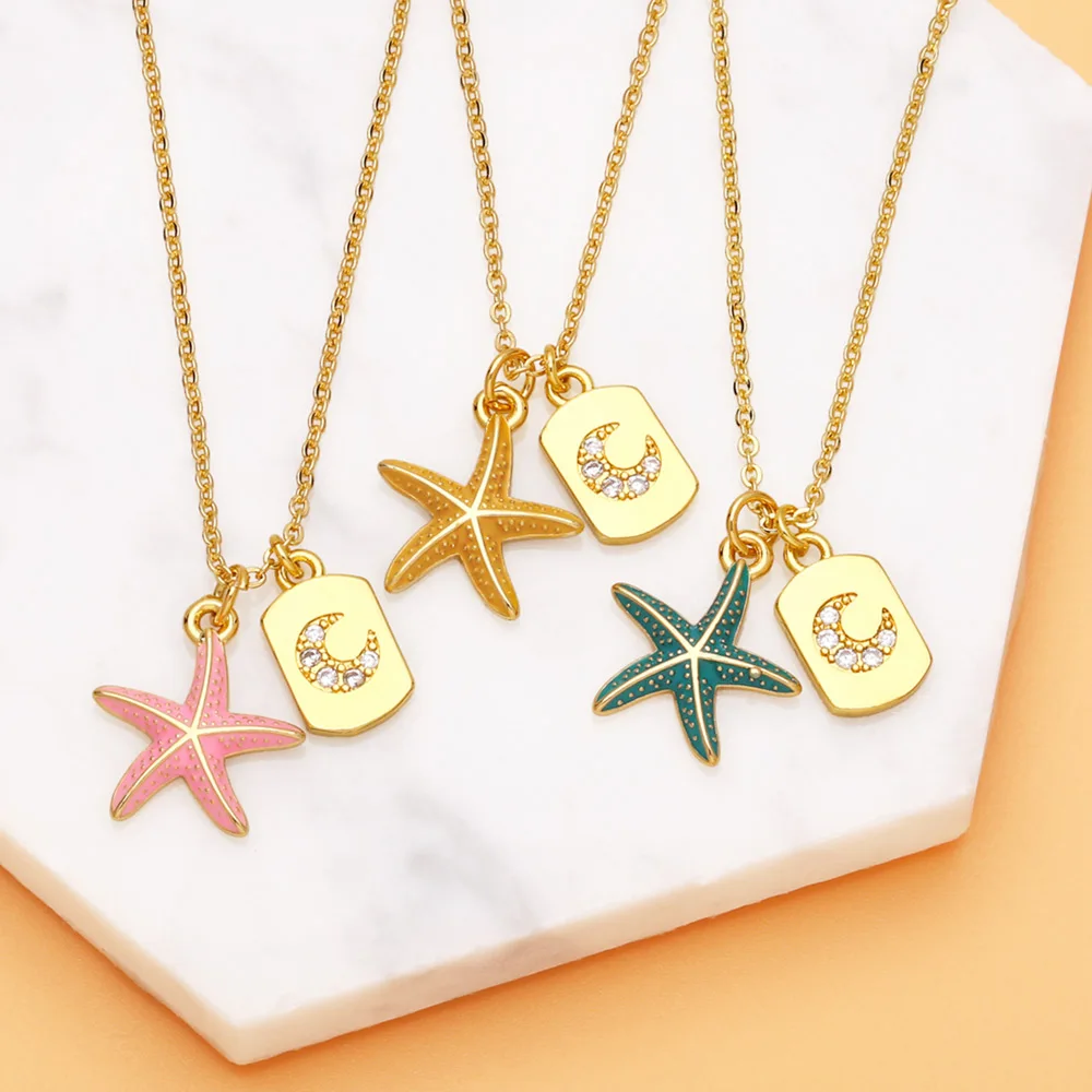 

FLOLA Enamel Colorful Starfish Necklace for Women Copper Zircon Moon Pendant Gold Plated Necklace Summer Beach Jewelry nkeb171