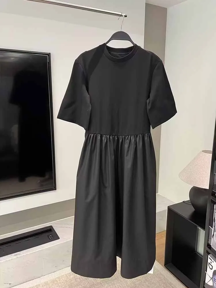 

Women 2023 New Chic Fashion Spliced T-shirt Style Casual Midi Dress Vintage O Neck Short Sleeve Female Dresses robe Mujer