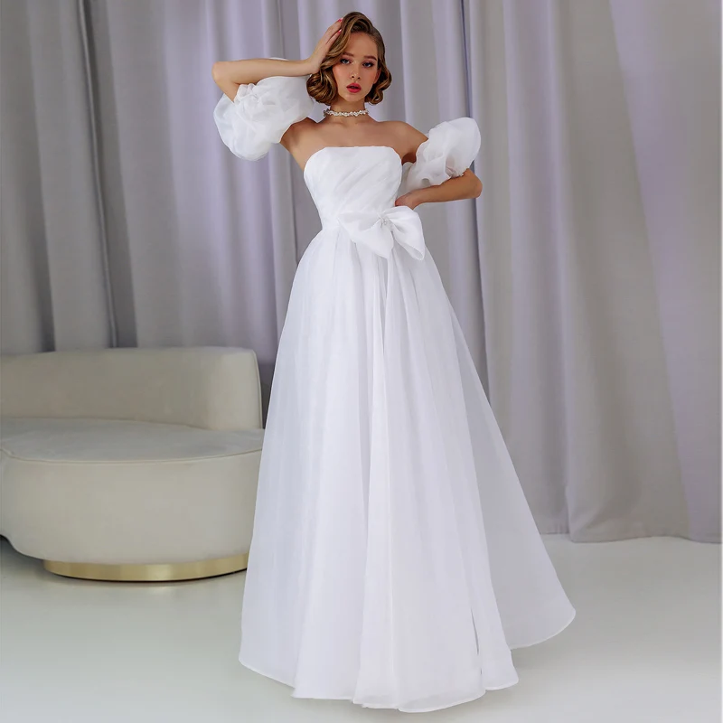 Женское свадебное платье без бретелек ТРАПЕЦИЕВИДНОЕ из органзы с бантом бисера